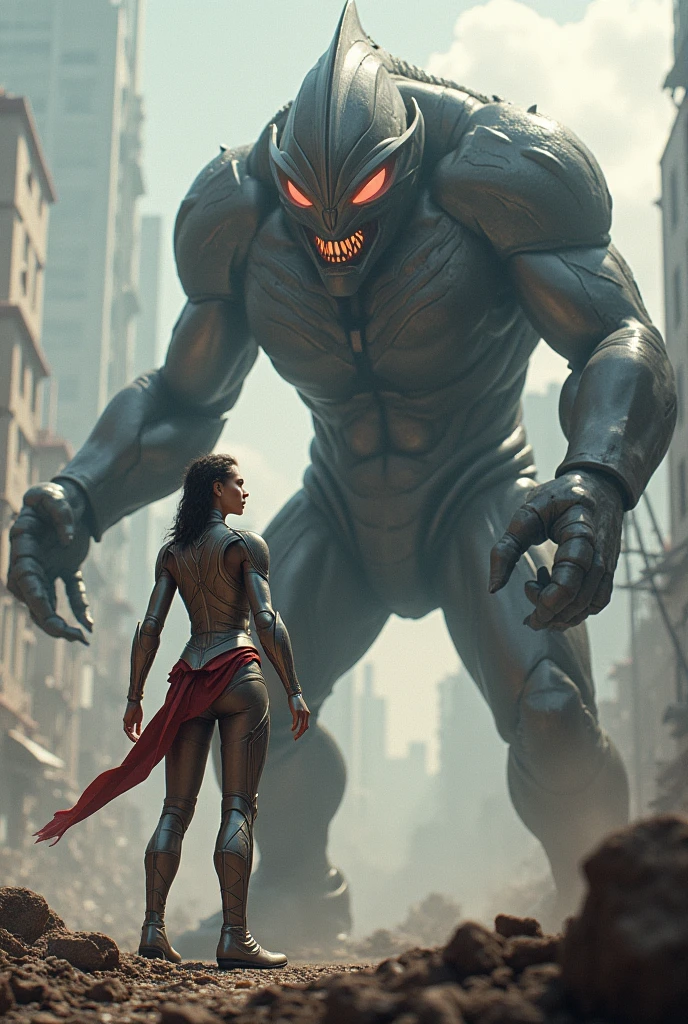 Short dark haircut, blue eyes, gothic vampire girl under eternal death, enchanted beauty, big muscular butts, tall giant, BBW, socks, short red cape, lifts a giant truck over his head with one hand easily