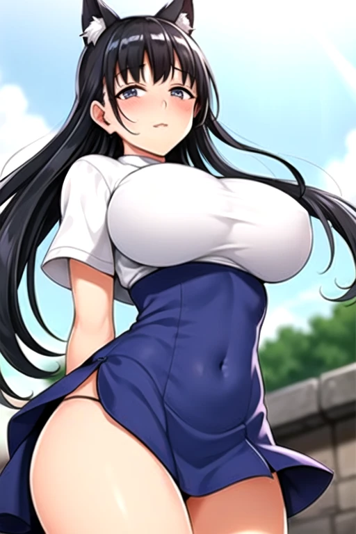 , 18-year-old,Long hair that reaches down to the waist, Black Hair, blue eyes, Large Breasts、, Blue sky and white clouds,Completely naked、Nipples、return,shy,Outdoor, Highest quality, High resolution, Very detailed, Detailed Background, Perfect lighting