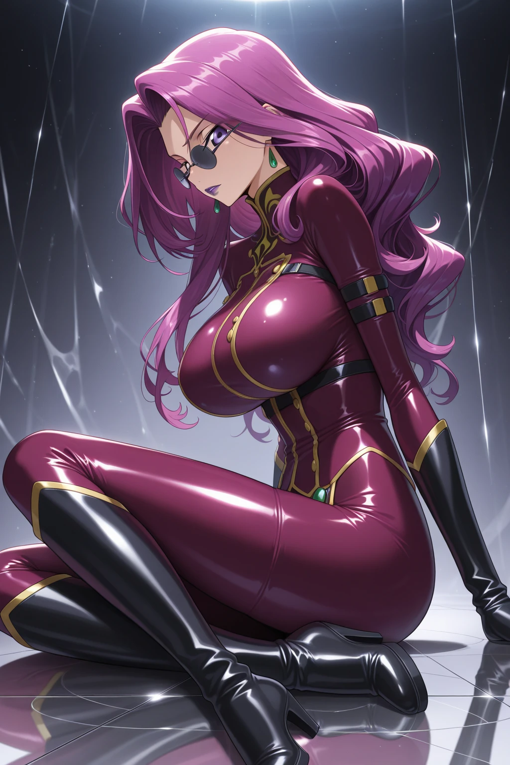 high resolution, masterpiece, high quality, <lora:YuuMikihara:.9> Yuu Mikihara, medium red hair, (((purple bodysuit)), long purple gloves, purple high heeled boots, extremely glossy), puffy sleeves, maid headdress, large breasts, mansion foyer, ((bound, chains, handcuffs, steel collar)), crying, screaming in pain