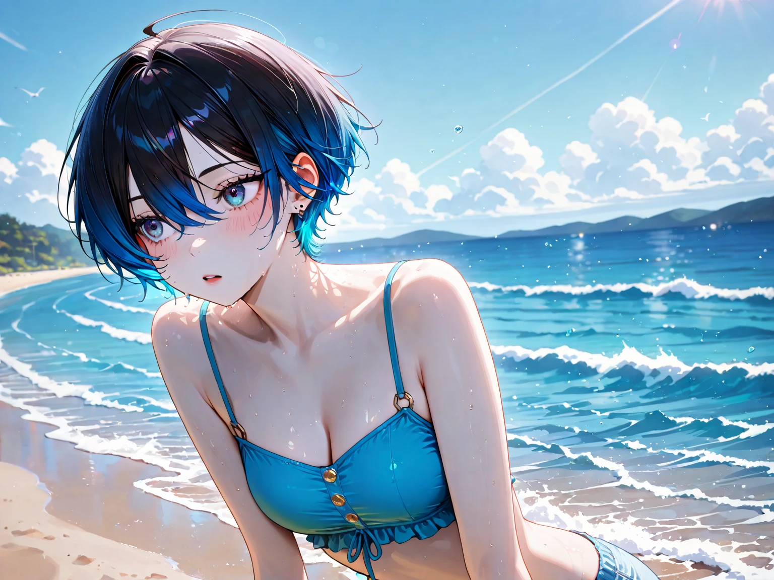 Super high quality by the art god, super detailed, High resolution, Kyoto animation style, anime moe art style, best anime 8K konachan wallpaper, pixiv contest winner, perfect anatomy, break,(Please draw a picture of a girl in a swimsuit walking on the beach alone. ),break, 1 girl, (alone,little woman, lolita, , 13 years old:1.3),All limbs, full finger,, The charm of an immature body, (very short hair), flat chest, Because I'm slender, small ass, between legs, small eyes, beautiful and fine eyes, Well-proportioned iris and pupils, expressive eyes, High resolutionの詳細な髪, Wet, shiny skin, cowboy shot, swimsuit, (detailed lighting), (detailed background),On the private beach, break,super dense skin, Best lighting by famous artists, 8K, figure,UHD, rough skin
