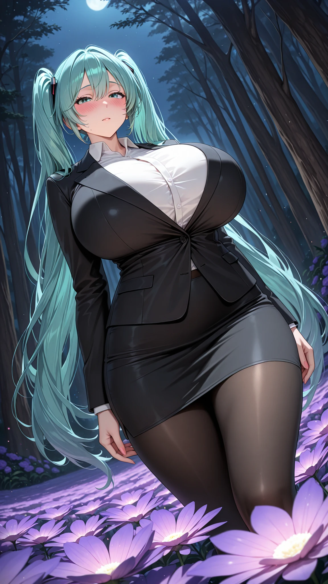 big tits, Detailed eyes, detailed face, perfect anatomy, perfect proportion, 1women, solo, closed clothes, elf, blonde green hair, (( violet eyes)), cool face, round glasses, white coat, black short skirt, white business suit, nectie, half body, flower, at garden, mountain,