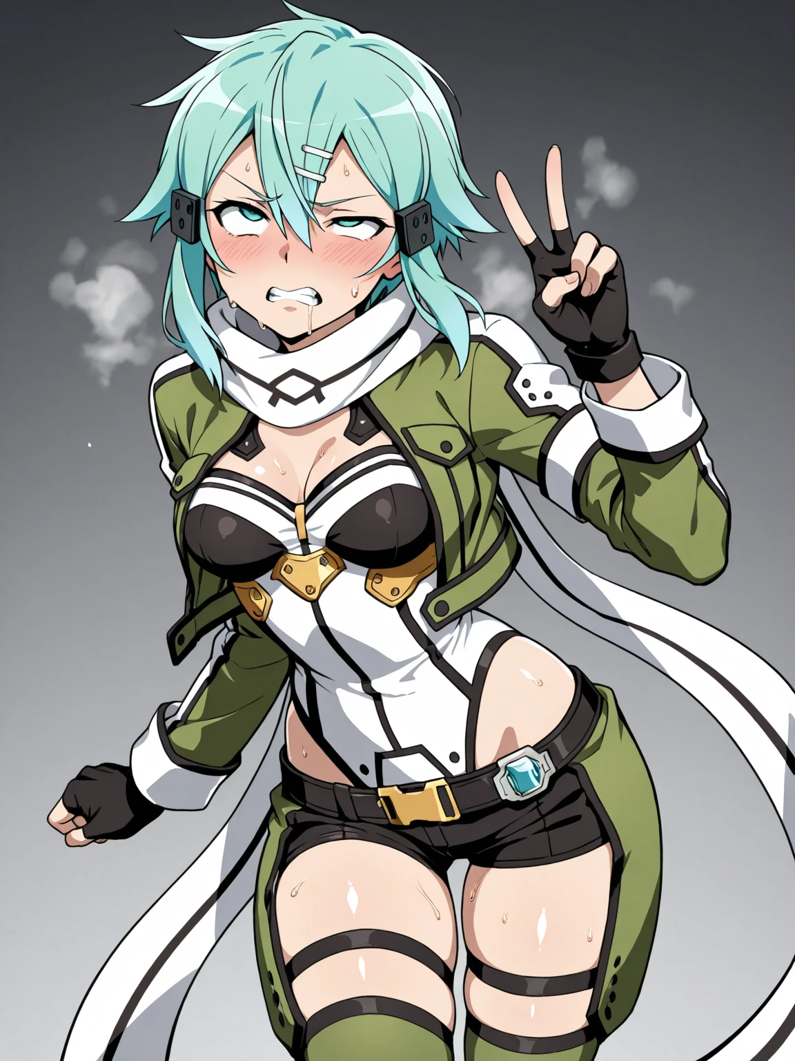 (masterpiece), best quality, expressive eyes, perfect face, highres, sinon1, scarf, fingerless gloves, long sleeves, short shorts,groin, hair ornament, hairclip, green thighhighs, green jacket,covered_nipples, thigh strap, field, sunset_ruins_landscape_background, ruined structures, dynamic_posing, looking at the viewer,,covered_navel,