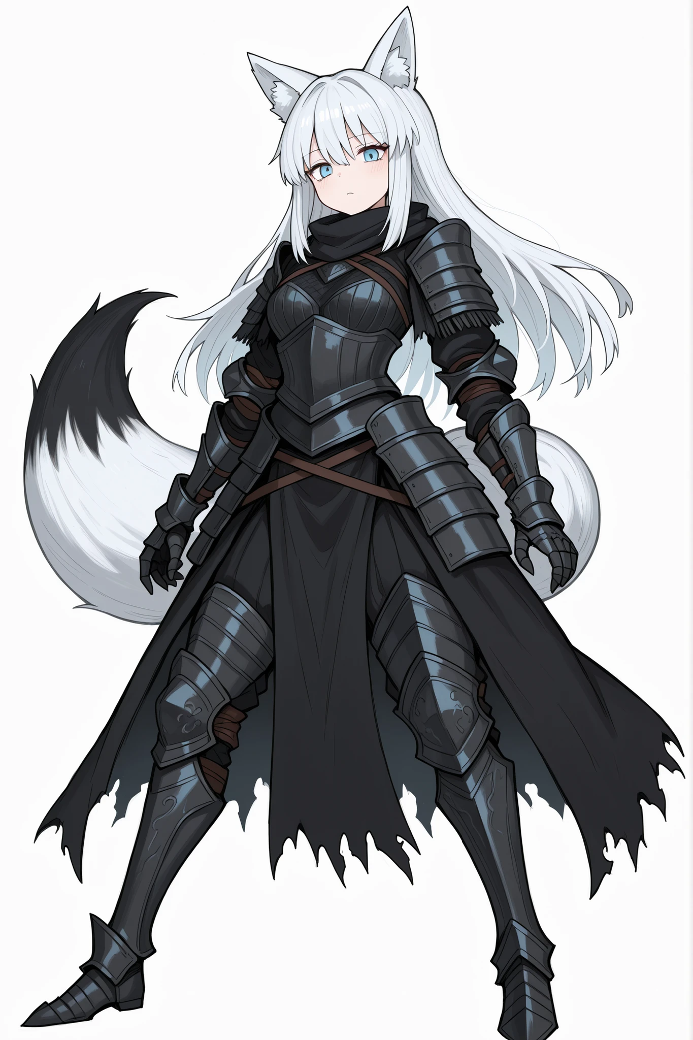 blacksouls style, fox girl, white background, solo, one tail, gauntlets greaves, blue eyes