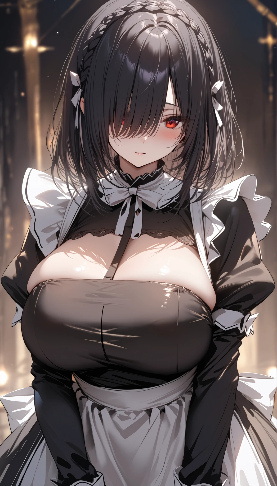 An undead maid with dead gray skin and a sweet smile, one eye hidden by her black hair. she is a zombie maid