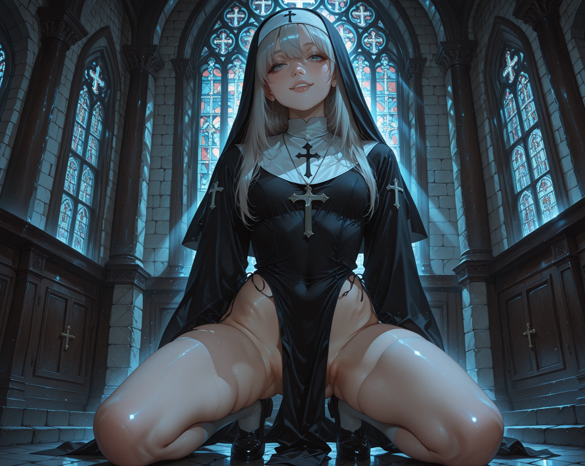 score_9, score_8, scote_7_up, 1 girl, 1 boy, Gorgeous body, pubic hair, beautiful sexy nun, she is beautiful and very hot, she prays, majestic setting, cowgirl, sex for salvation, hard fucking 