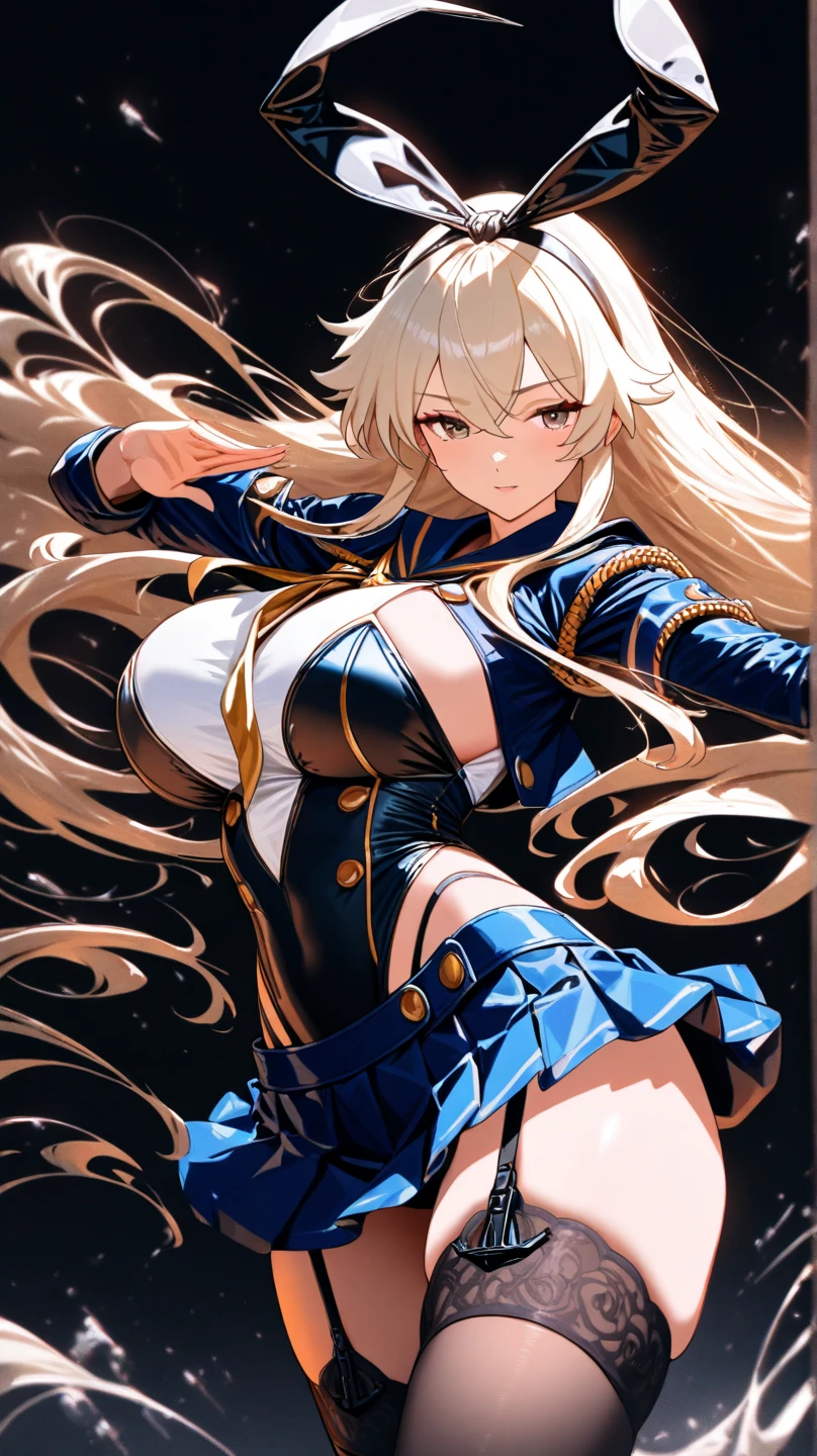 1girl, IncrsNikkeProfile, full body, zoom layer, holding weapon, holding gun, one knee, glamorous、Giga Bust, owoface、Blonde、Long Hair、blue eyes、Revealing clothing、Glowing Skin