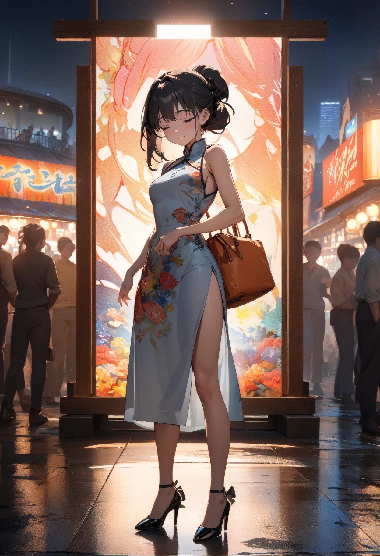 one-girl，One Piece anime manga style，（（（Nami））），（Cheongsam off-the-shoulder），（Joey Boi），cheerfulness，Toothy smile，stand posture，Full body of the lens，Extreme closeup，Background bokeh，depth of fields，Powerful，self-assured，invincibility，8k smooth，enviroment，raising smoke，Filled with sandstorms flying，超细节的，Exciting，The power of mystical agnosticism，Soft light， Mood lighting，shinning stars， Colorful background，The character is in the center of the frame，High purity shades，Rendering effects，（According to the One Piece anime dressed the same）。