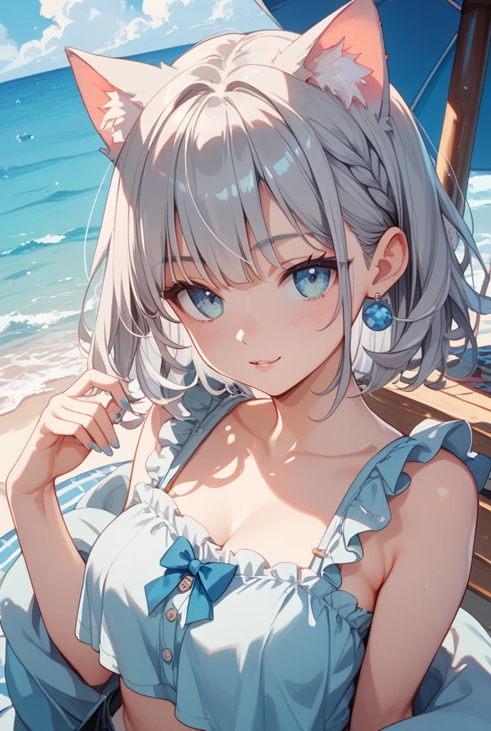 1girl in、Underwear、cute little、Upper body portrait、white hair、Cat's ears、