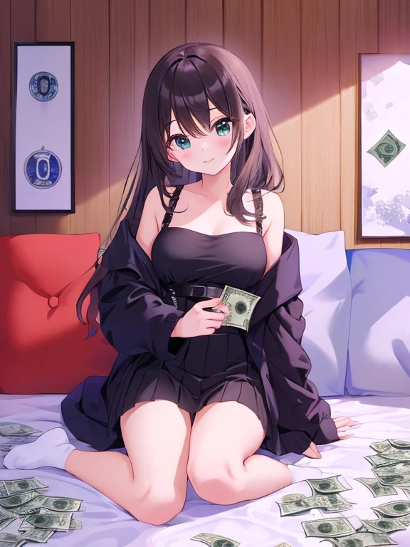 Masterpiece, hyper detailed 8k, perfect anatomy, lying, 2rich Short black haired girls nude, money and gun on floor, looking at viewer, slender body,blue eyes, flashing Pussy, showing Titties, eyes about to faint seductive shy blush, arms touching nipples, kneeling, 13 years young young and very pretty girl, sheer, gleaming skin, upper tits, on gray colored bed, (accurate depiction of real girls Pussy and breasts), money, condom, wine bottles, lube, jewellery, and gun on floor carpet, full body shot, girls wearing black high heels, diamond ring, golden earrings, golden watch, pearl necklace, navel piercing on belly button and Christina piercing on her pussy, only small pearl white bra, sexy bangles, straight legs, Spreading her pussy, full body shot, black short hair, close legs,  girl kneeling on the floor
