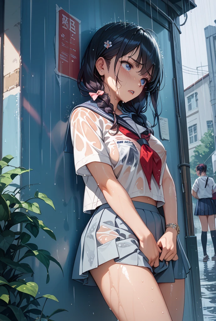 a woman in a school girl outfit with very large breasts showing her goods to a street, 1girl, breasts, solo, nipples, cum on body, cum on breasts, skirt, huge breasts, school uniform, clothes lift, cum, tongue, shirt lift, navel, serafuku, red eyes, pleated skirt, tongue out, looking at viewer, blush, black hair, bangs, shirt, short hair, white shirt, open mouth, short sleeves, blue skirt, blue sailor collar, sailor collar