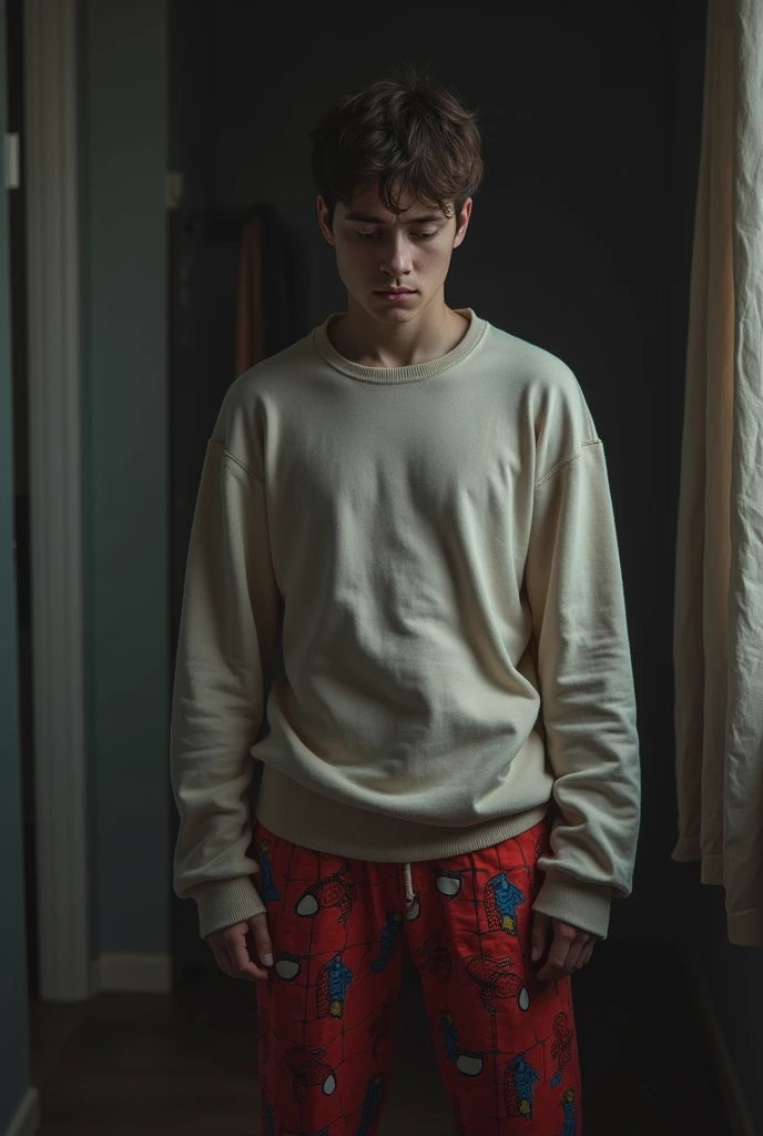 Tall boy, clear skin, wavy black hair, serious expression, Without beard, moles on the face, wide trousers, shirtless, In his bedroom 