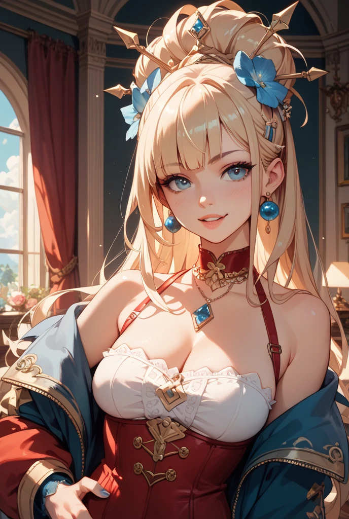 playing card game, beautiful girl is holding down a tarot card in front of a candle, 1girl, solo, flower, card, blue eyes, black hair, long hair, hair flower, hair ornament, breasts, red hairband, red nails, jewelry, blurry, bare shoulders, hairband, choker, necklace, nail polish, looking at viewer, bangs, lips, collarbone, indoors, dress, depth of field, cleavage