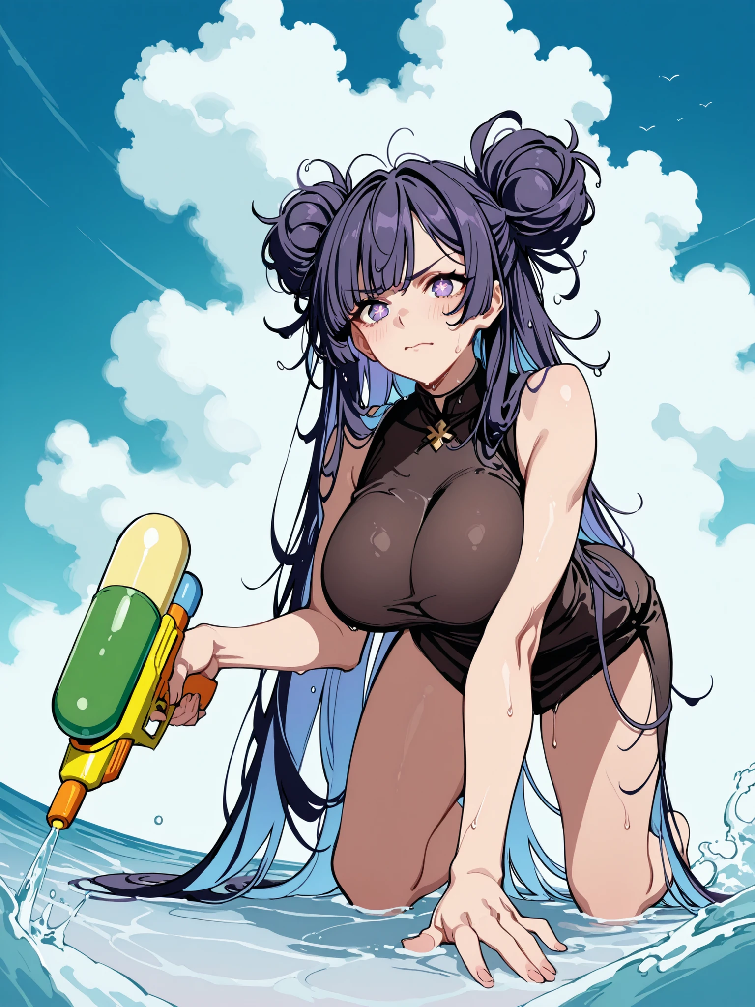 Erotic Anime Illustration、Highest image quality、A plump bitch idol shows off her vagina in the pool、perfect proportions、bikini、Overwhelmingly big breasts beyond the norm、thick legs with fat、big areola、Beautiful shining eyes、cowboy shot、smile、shaved pussy、exposing nipples、sweating、Vagina depicted in detail