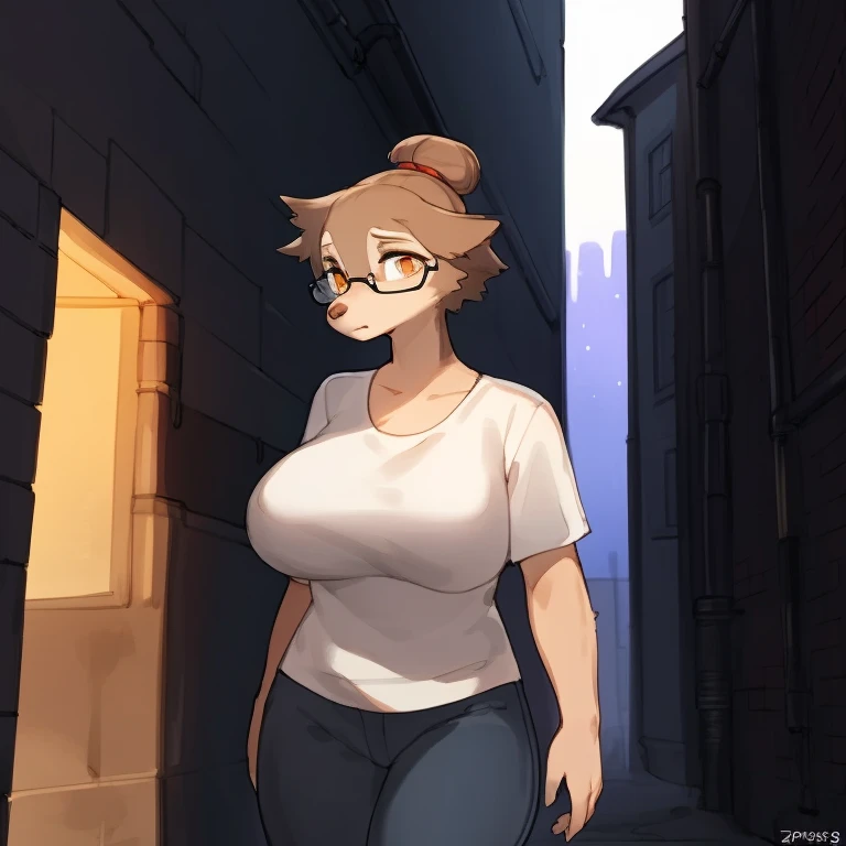 By bebebebebe, solo, female, standing, canine, brown eyes, brown hair, detailed eyes, hair bun, glasses, teal dress shirt, black jeans, detailed hands, , alleyway, (((brown dog, brown fur, Labrador))) pink inner ears, pink nose