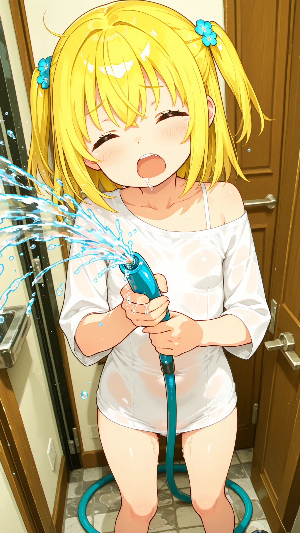 houjousatoko, blonde hair, short hair, hairband, Purple eyes, , empty eyes , large breasts, nipple, Running, , Heavy snowfall area, frozen, (Sweating profusely, Love juice, Wet Woman, female ejaculation) crying ,Naked ice girl, alone, Smile, Naked, Drooling, solo, , Peeing, lactation, projectile lactation