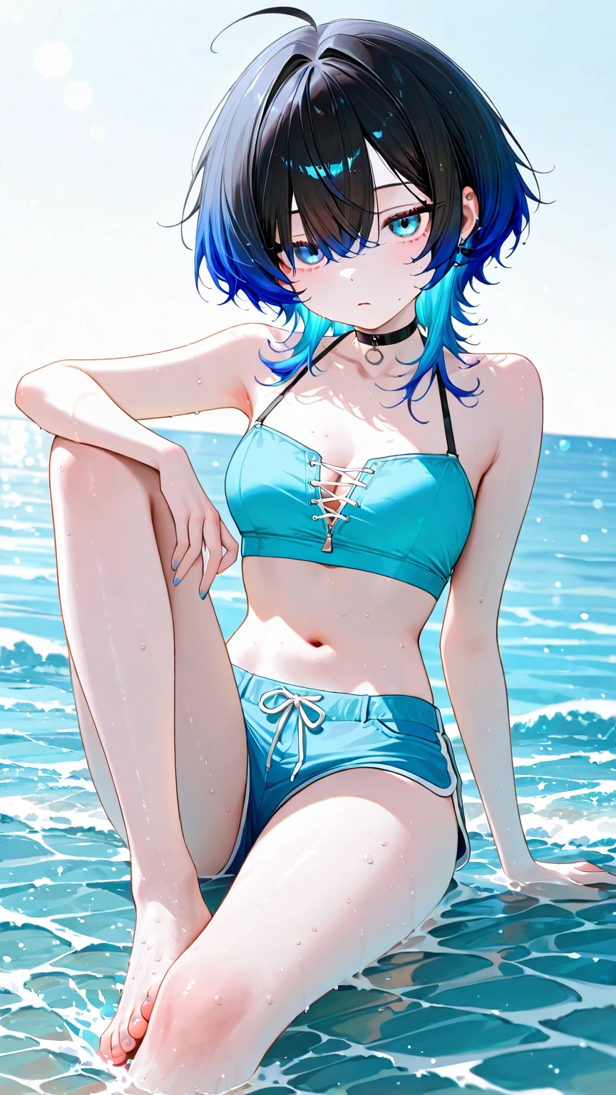 Earth chan in a bikini laying down on her side poseing with her arm for support