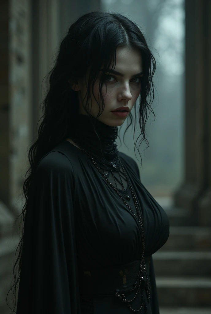 ultra detailed, W3Yennefer, 1girl, solo, deep black eyes, sadness in eyes, waiting for her lover, (beautiful Moon night), Deep in a mystical forest, surrounded by ancient ruins, wearing an ethereal, gothic styled dress, Gothic art, god rays, ray tracing, masterpiece, best quality, textured skin, super detail, high quality, highres, 16k