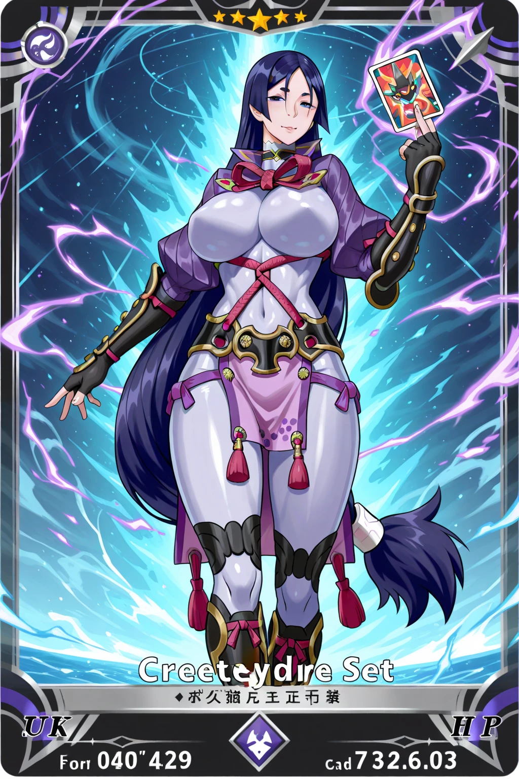 wide hips, evil smile, chubby, tall woman, very large breasts, tall, large, a long black hair, a black kimono with a blue circle made of stars to the left of the chest, two purple eyes with cat pupils that glow in the darkness, a metallic scorpion tail with a large stinger at the end, long black shorts that go up to the knee, light purple high boots and two black deer antlers on the head