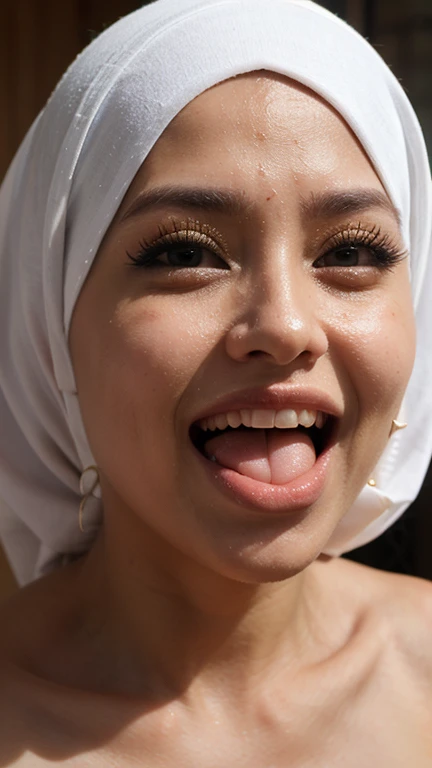 ((best quality)), ((masterpiece)), (detailed), 4K, perfect face, 25 years old woman wearing hijab, cumshot, open mouth, mouth full with cum, cum dripping, facing camera, sweating, wet body, (cum glazed: 1.5), close up portraits , on the bed, happy, on all four, dynamic