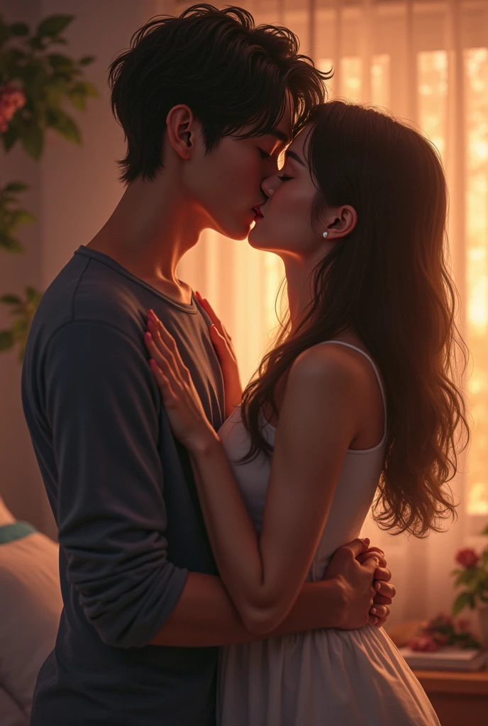 A Korean long-legged sister and a high school boy make out in the office,The queen is sitting on the sofa wearing high heels,Boy wearing vest sitting on sister's lap,The older sister caressed the boy's chest with both hands