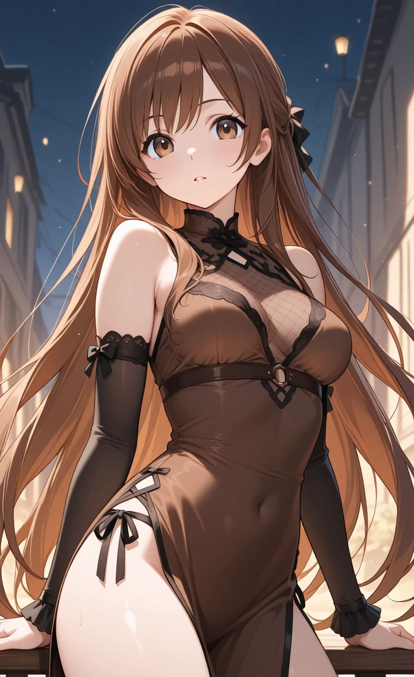 anime, highly detailed face, highly detailed eyes, highly detailed background, perfect lighting, full body, 1girl, solo, Asuna Yuuki, asuna, formal, indoors, black detailed dress, black heels, cleavage, tiara, jewelry, hair bun, frilled skirt, see-through, black lingerie long light brown hair, absurdres, high res, ultrasharp, 8K, masterpiece, looking at viewer, holding black sword