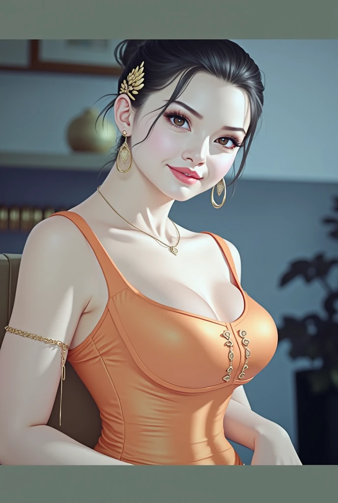 a beautiful mature indian woman, detailed intricate long jhumka earrings, smooth lips, red lipstick, smiling,mini red dress, small cleavage, hand gloves, makeup, detailed alluring eyes, bangles, blue ribbon, saggy breasts, photorealistic, (best quality,4k,8k,highres,masterpiece:1.2),ultra-detailed,(realistic,photorealistic,photo-realistic:1.37),cinematic lighting,vibrant colors,intricate details,messy short hair,bare legs