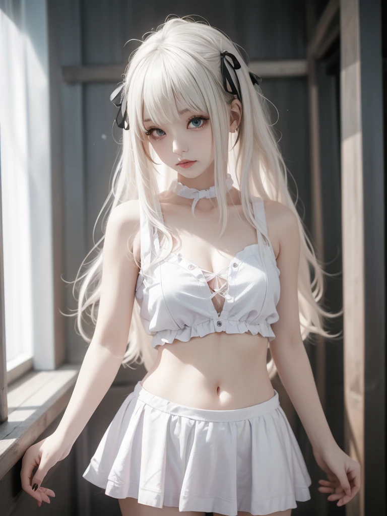 Wearing black clothing　Micro Bikini　beautiful　White Hair　Long Hair　Very long hair　Crimson eyes　Red eyes　Slim body　low length　Small body　Young　12 years old　Overall image
