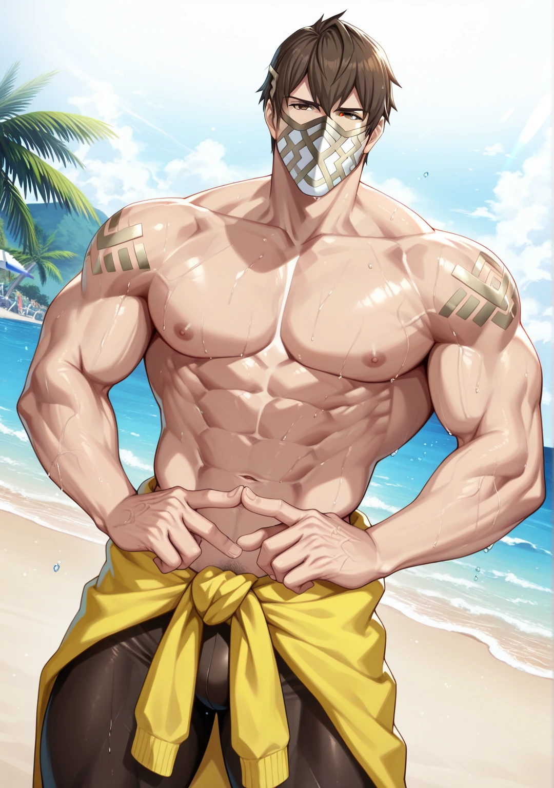 high resolution， sharp focus， Pixiv masterpiece， （（intricate details））， Very detailed， natsuki_subaru， 1 person， Smile， golden eyes（eyes glow）， black hair color hair，white shorts，shirtless，abdominal muscles，looking from bottom to top，simple background