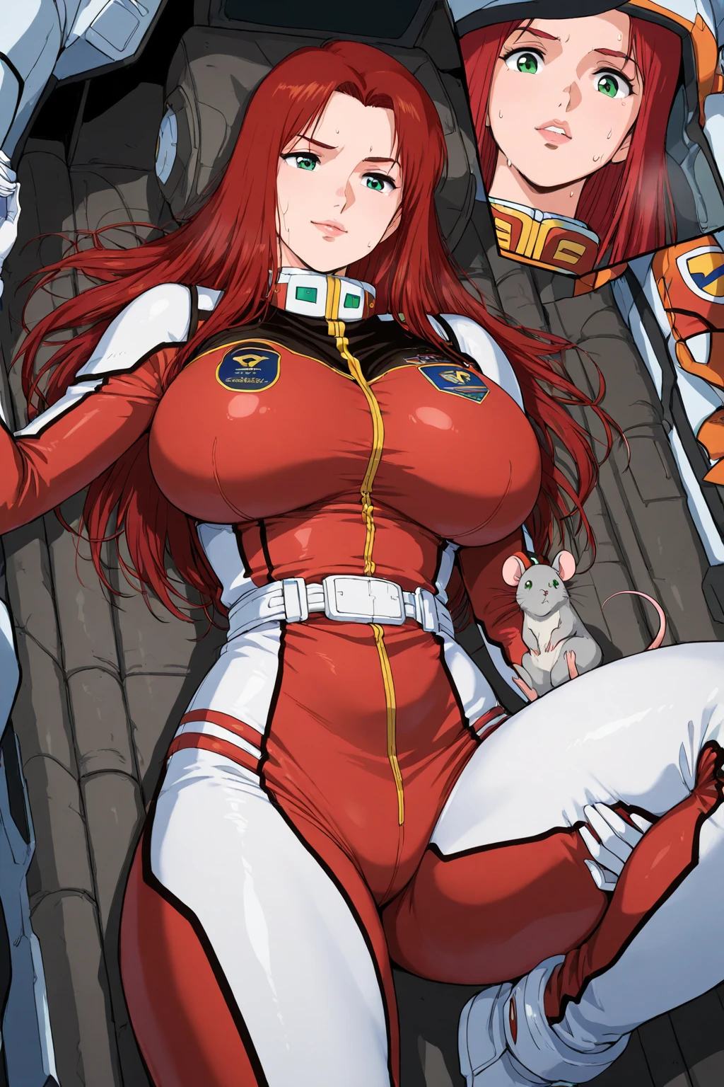 1 girl (Huge muscles, huge breasts, huge hips) red hair, green eyes, pale skin muscular thick thick thick very long hair thick thick, bear chest ((((strongly unbuttoned bodysuit)))) ((((white bodysuit)))
