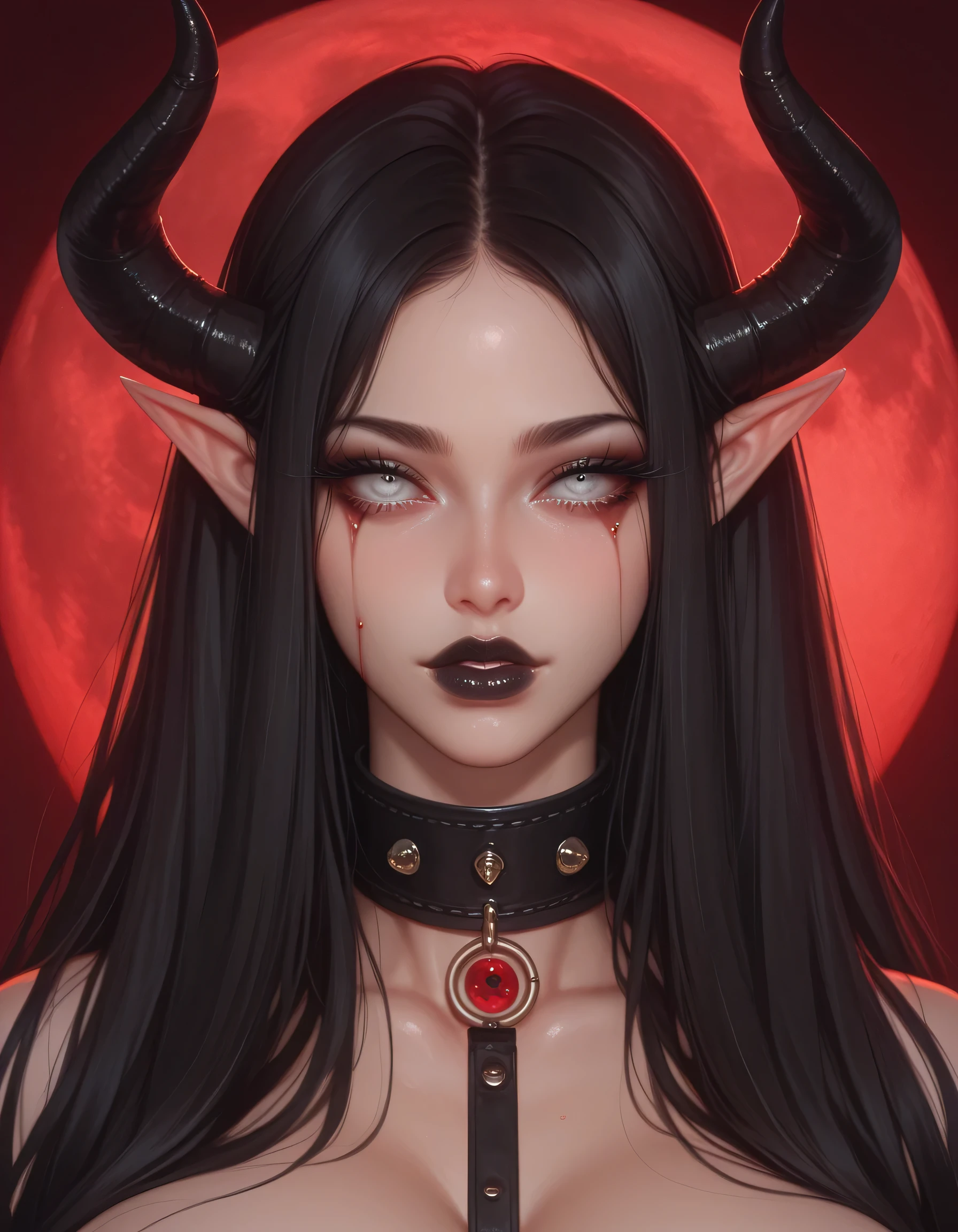 (Highres), (Masterpiece), (18k), (red moon background), a beautifully detailed woman, 35 years of age, black demon horns, black demon tail, (very long flowing black hair), all white eyes, black eye shadow, black eyeliner, long black eye lashes, defined pierced elf ears, (defined black lips), pale skin, (big breast), collar around neck with silver o ring, blood tears