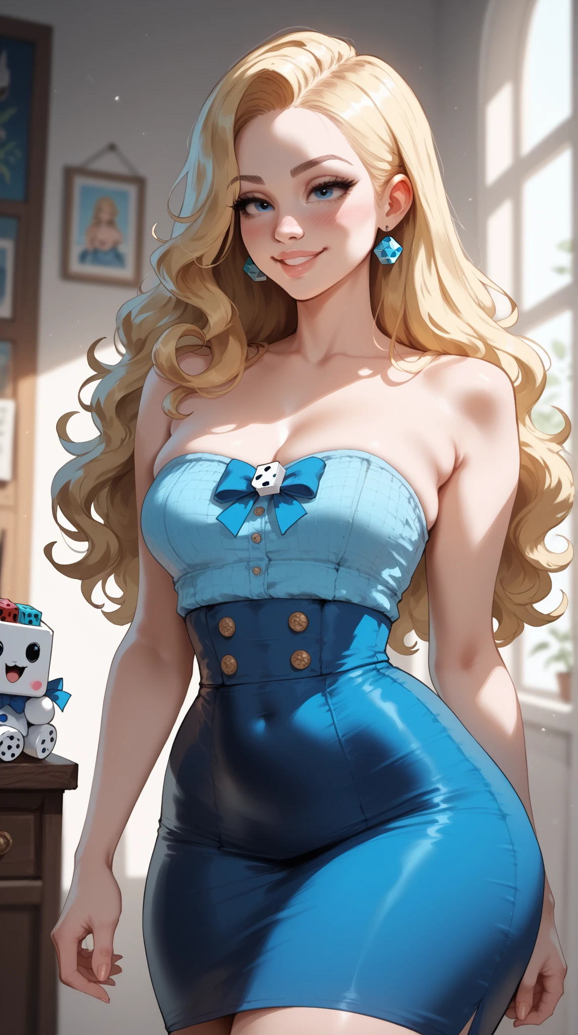 1girl, solo, female gadabout, dragon quest 3, blue bunny girl, bunny ears, blue bowtie, pantyhose, cameltoe, long hair, blonde hair, curly hair, happy face, large breasts, sexy, masterpiece quality, intricate detail, 4k resolution, ultra hd