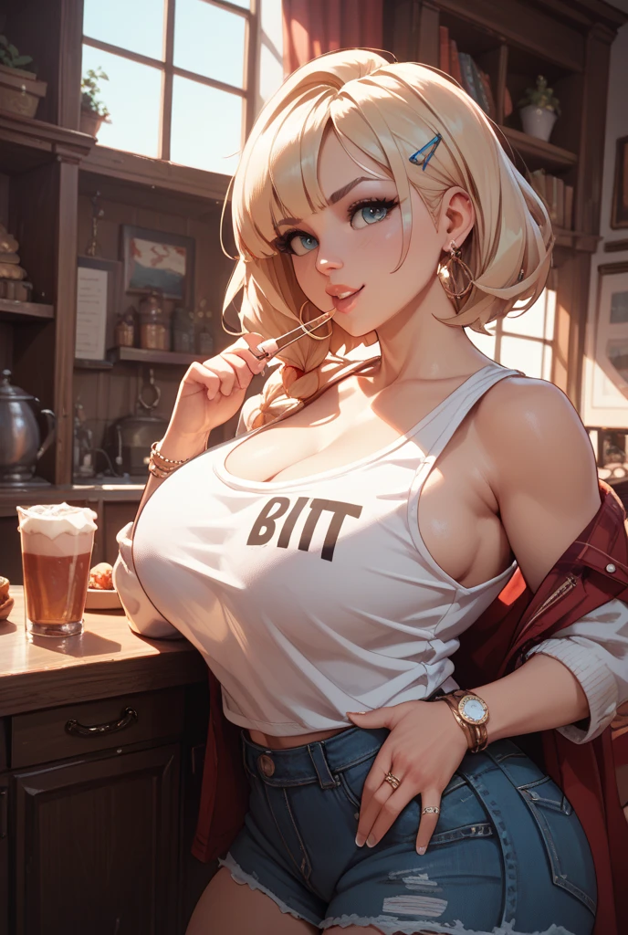 (small breasts:1.2), (perky chest:1.2), (pointed chest:1.2), (Pudding cake magazine cover:1.3),(from above:1.0),(shoot from the side:1.1),masterpiece, 1girl, Amazing Cleavage:1.1, thin waist, optimum,tmasterpiece,hight resolution,best qualtiy,hyper HD,super detailing,awardwinning,a 18yo cute girl,(The upper part of the body),anatomy correct,Beautiful Black miniskirt,garters,Gaze,Small face,bangss,holster,Beautuful Women,hands up,leg holster,Gaze,black boots,Cowboy Shot,cute face,a blond,Longhaire,Twin-tailed,Braids, Hairline,(scarlet eyes),long eyelasher,Hanging eye corners,White skin of the, ((see through camisole:1.1)), ((Sheer nipples:1.0)),Rocket Tits,(Slim body),smile,seductive weak smiling,(with sparkling eyes and a contagious smile),little open mouth, Looking at Viewer,