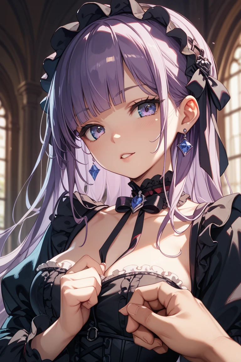 Highest quality,Highest Resolution,A sexy gothic lolita opens her mouth and drools while shedding tears,Bedroom,Big purple eyes,