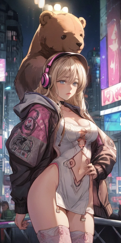 1girl, average breasts (blonde hair, long hair, big lips, double eyelids, pink eyes, huge breasts (crop top, short shorts, hoodie, cleavage), (futuristic image, 16k, superior image quality, light effect and shadow on the skin), cityscape, pastel colors, times square, cyber punk city, standing, cowboy shot, from below, night, indoors, bedroom, centered portrait, thick thighs, high socks, egirl aesthetic, plant, anime, superiority, smile, thick thighs, wide hips, narrow waist, hourglass figure, ?????, cat headphones
