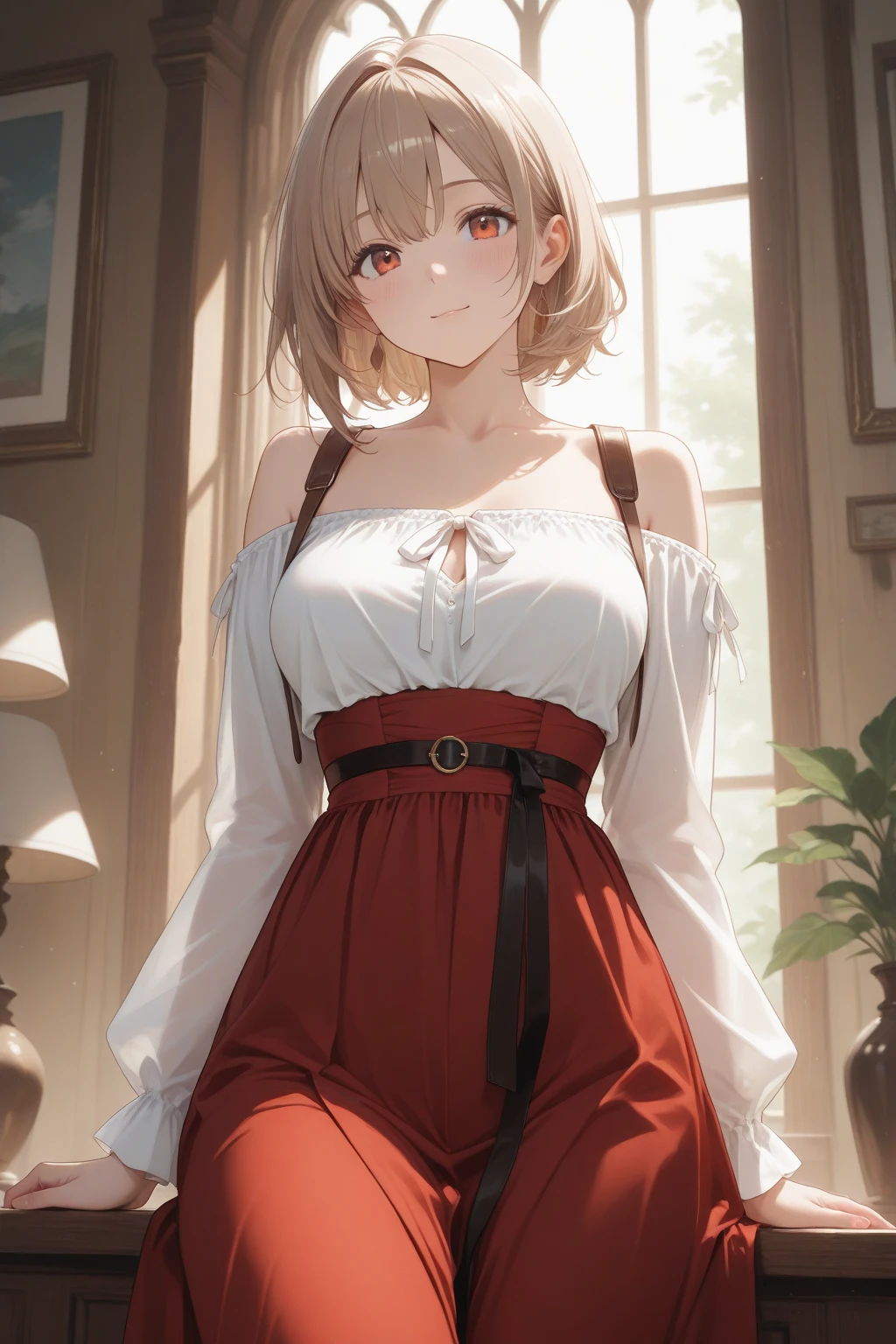 (masterpiece),best quality, expressive eyes, perfect face, 1girl,
big breast, H-cup, good breast, beautiful, gorgeous,anime,girl,lora, floating clothes,w sitting, w sitting on ground, legs on ground, Hands between thighs, arms between legs,aki shizuha,1girl,aki shizuha, blonde hair, short hair, yellow eyes, leaf hair ornament,red shirt,skirt,long sleeves,curtain chest ,hands on hips, hands on waist