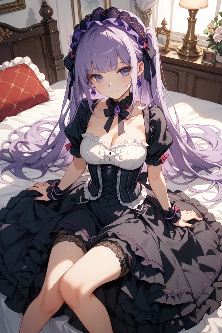 best quality, masterpiece, highres, solo, {patchouli_knowledge_touhou:1.15}, long_hair, purple_hair, crescent, purple_eyes, ribbon, hat, bow, bangs, mob_cap, hat_ornament, crescent_hat_ornament, hair_bow, red_bow, blue_bow, upper_body, book, red_ribbon, capelet, hat_ribbon, striped, very_long_hair, 1girl, alternate_costume, black_gloves, crescent_hair_ornament, gloves, hair_ornament, looking_at_viewer, black_dress, dress, blue_eyes, breasts, hair_ribbon, mask