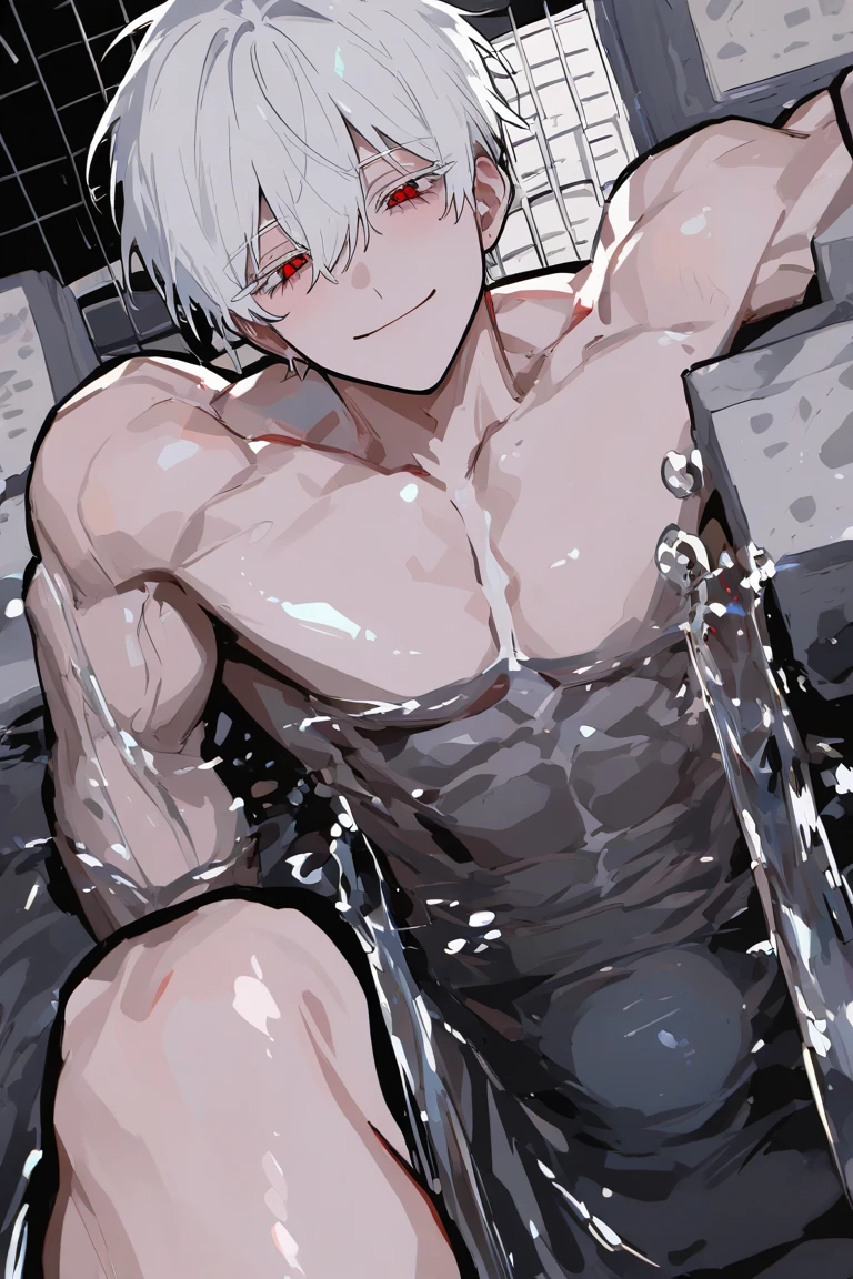 ultra-detailed, masterpiece, best quality, highres, extremely detailed, nsfw, (solo shoot:1.5), (1boy:1.5), man, lean guy, short hair, work clothes, open shirt, bottomless, torn clothes, drunk, (restrained:1.5), shackles, handcuffs, shibari, kneeling, (excessive cum:1.3), (cum on body:1.5), bus stop,