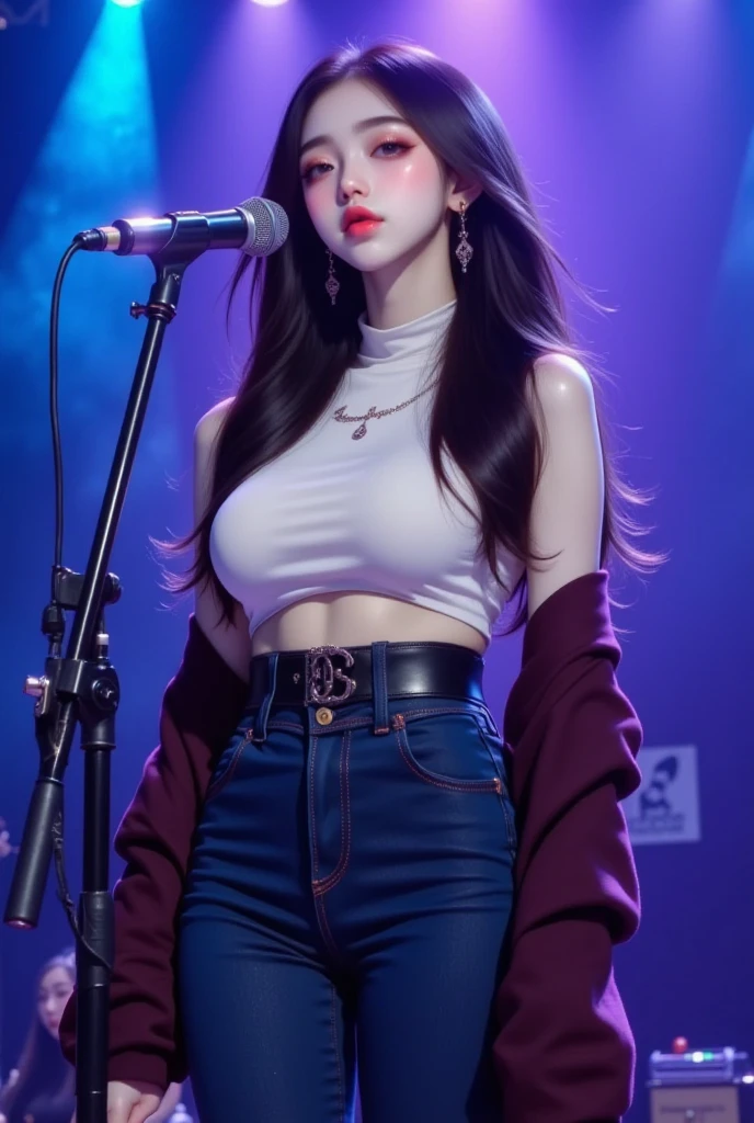 1womanl、(Super beautiful)、(ultra beautiful faces)、(A detailed face)、kpop star、spreads her legs、(KPOP Costumes)、(Cool jackets and miniskirts:1.1)、(Small white panties are visible from under the skirt:1.2)、high-heels、Concert stage、At SFW