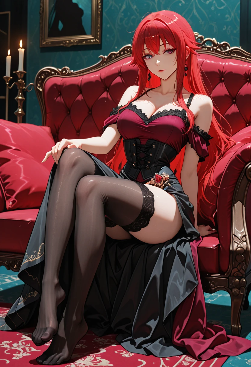Highest quality, masterpiece, Ultra-high resolution, female、Big Breasts、19 years old、Casual Dresses、corset、High heels、gloves、stockings、Dark Skin、Elegance、Long Hair、Red Hair、sit