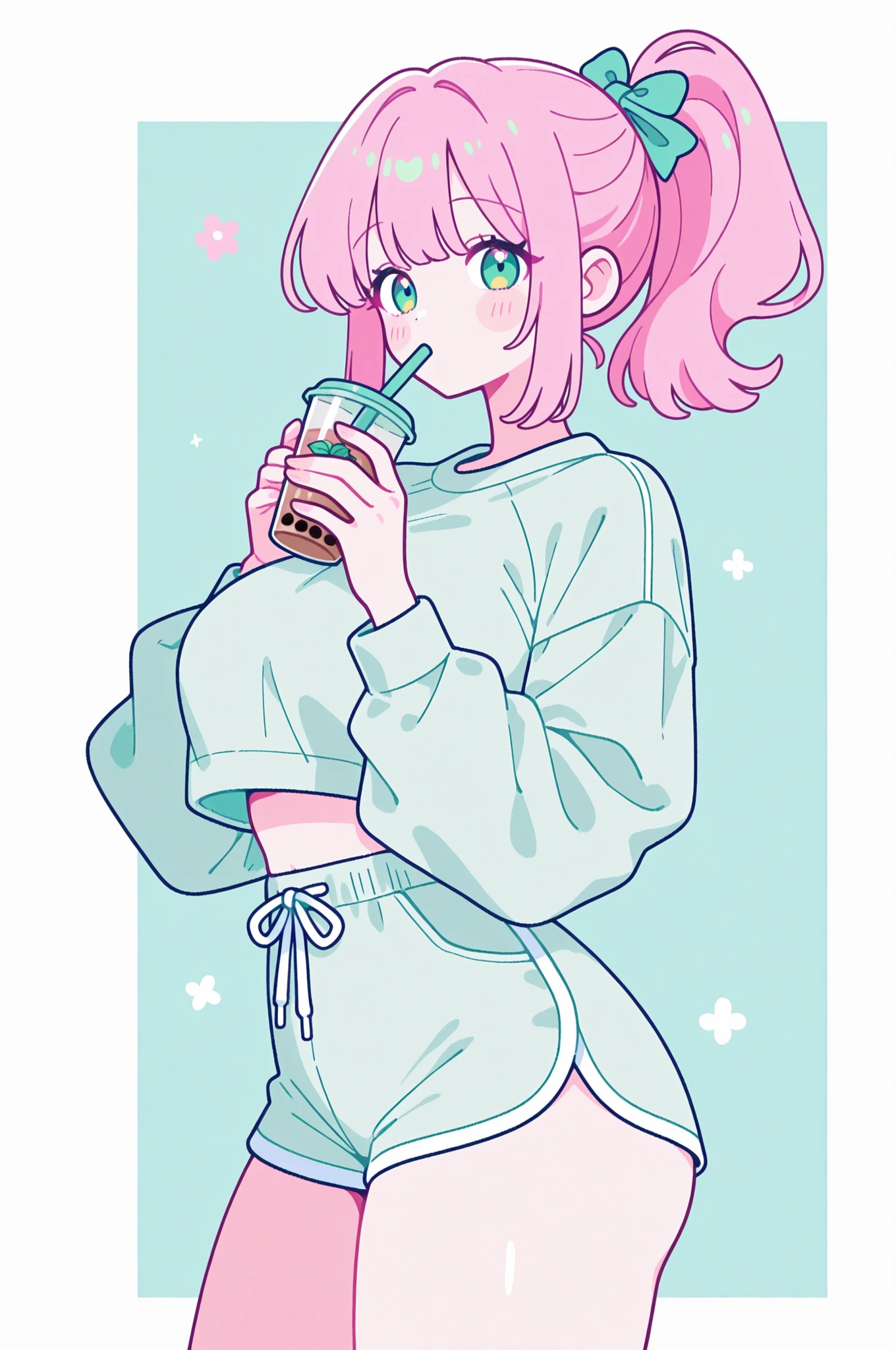 A busty kawaii waifu, pink hair ponytail, green eyes, adult woman, white cropped sweatshirt, mint green athletic shorts, holding Boba tea cup, cute pose 