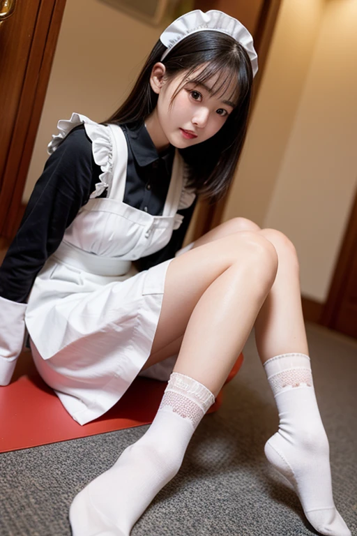 realistic,score_9, score_8_up, score_7_up, BREAK,
1girl,solo,maid,maid headdress,looking at viewer,apron,brown hair,indoors,black hair,bare foot,feet focus,two feet,