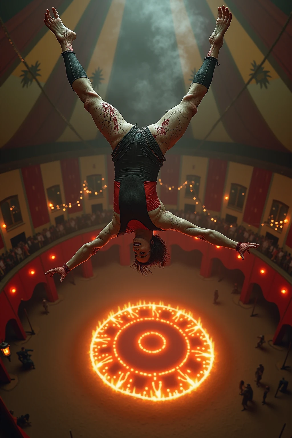 Malevolent Circus Tricks An image showcasing an evil clown performing twisted and dangerous tricks, such as juggling flaming objects or walking on a tightrope suspended over a pit of darkness, Ultra realism, color field printing, high detail, UHD, 8k, anatomically correct, cinematic lighting 4d quality --auto