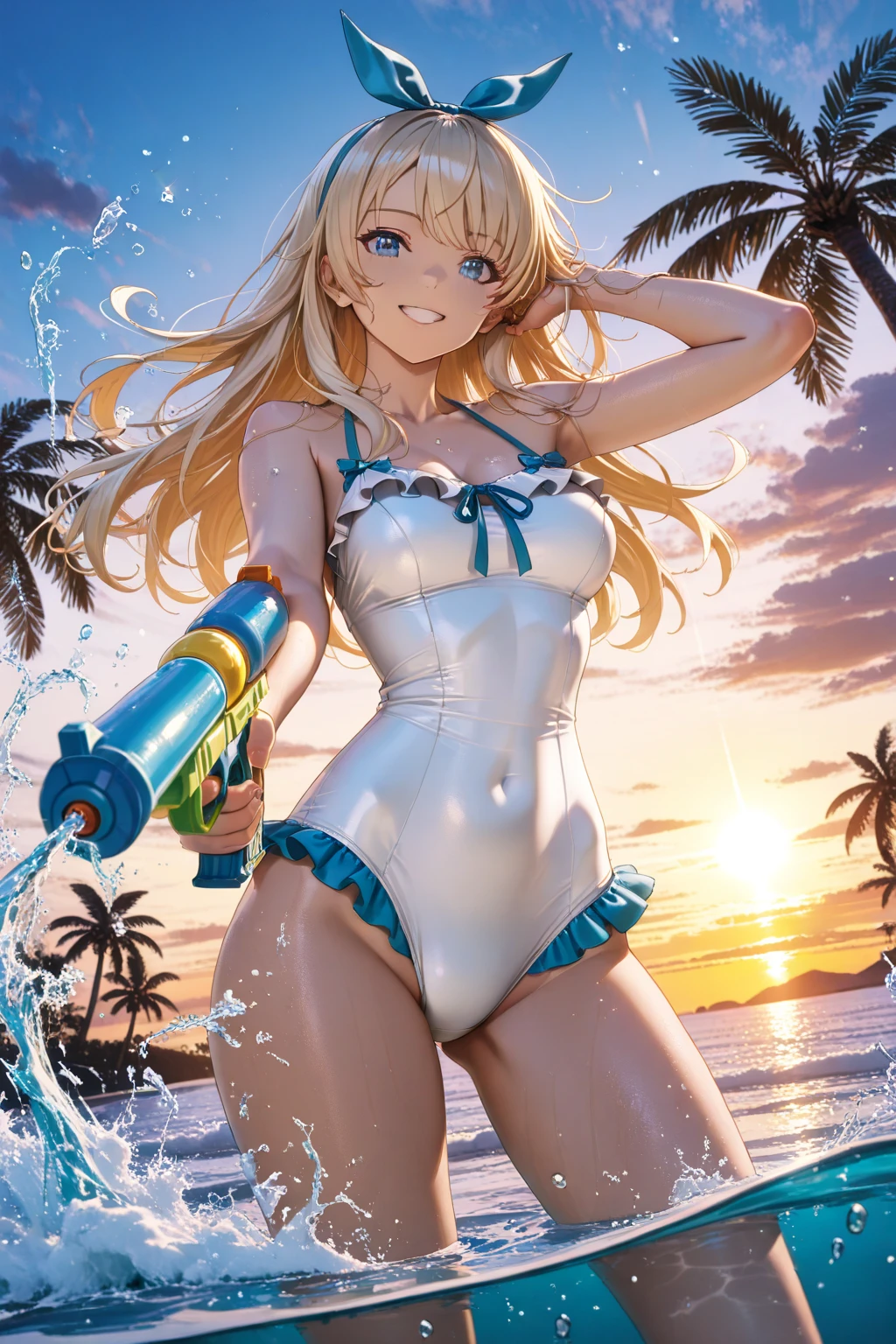 masterpiece,(ultra-detailed),1girl, mysterious heroine xx \(fate\), half_eyes,smile,open mouth, swimsuit, white bikini, side-tie bikini bottom, shrug \(clothing\), jacket, thigh strap, wristband, large_breasts, ocean, splashing,blonde_ponytail,open_legs,cap,happiness,standing,