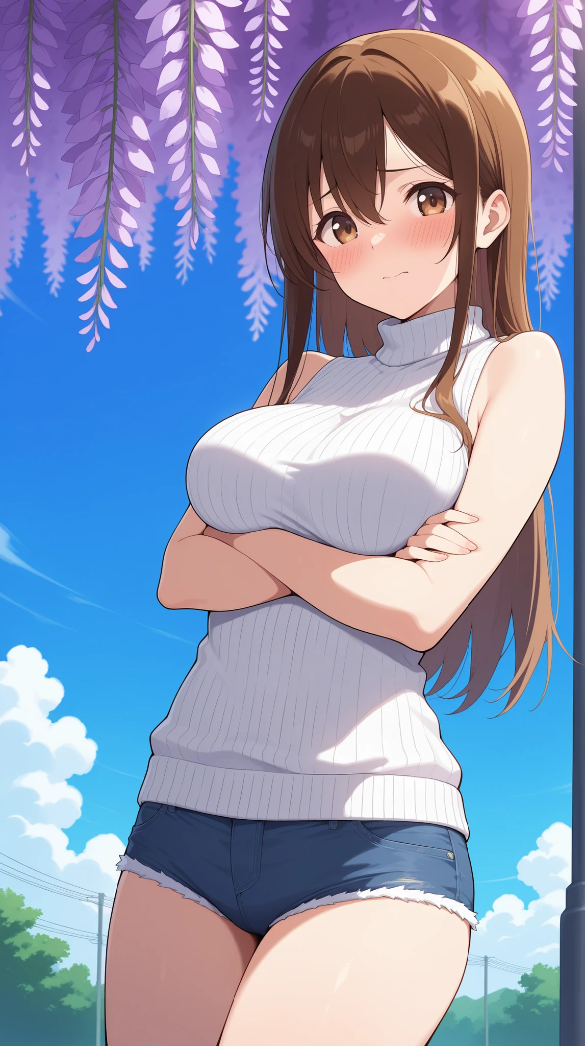 white large plainTshirt)),((Navy blue bloomers)) 、Huge breasts、ponytail, Japanese Girls, 8K, ((full body shot)), highest quality, masterpiece, Realistic, Photorealistic super detail, One Girl, cute, Best Smile, Beautiful Eyes, Long Hair, Perfect Face,full body shot