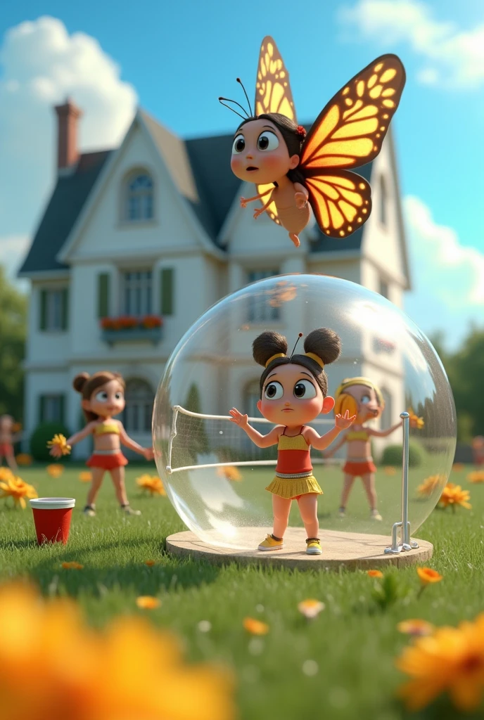 Pixar 4D image, tinkerbell exactly like the original, green dress, but with black hair, brown skin, dark shaped eyes, trapped in a cage with fear, with a cute Pixar girl looking at her from afar, behind tinkerbell , Out of the cage, with knee-length pink peasant dress, two braids in the hair, maroon hair, dark shaped eyes, Caucasian skin, in her room, tinkerbell bigger than the