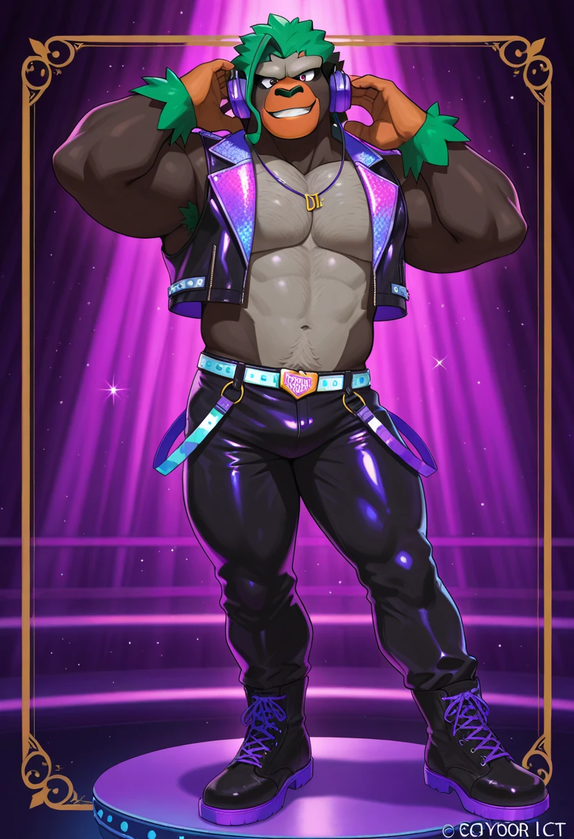 Glamrock overly muscular adult Freddy wears a black jockstrap singing with a microphone on a stage with a confident sexy and flirtatious look