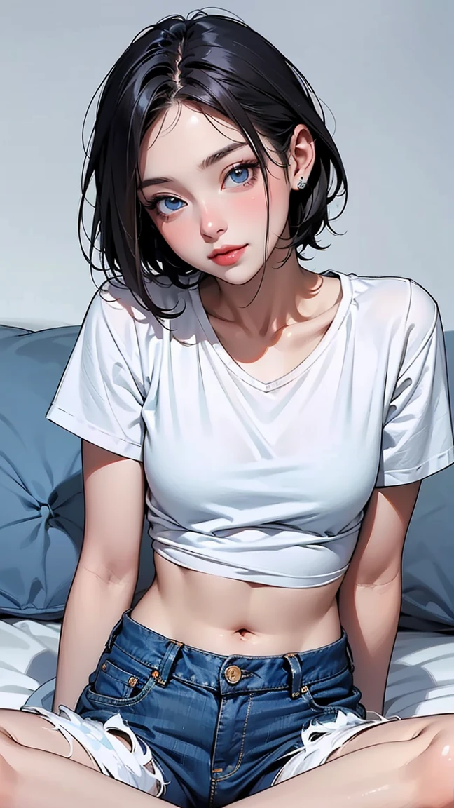 A beautiful 40-year-old mother, with an adult presence, big butt, large breasts, slim waist, beautiful eyes that appeal, sidelong glances, detailed eyes, long eyelashes, dark blue hair, white V-neck T-shirt, denim shorts and pants, a campsite in the hot sun, in front of the tent, turning around, dripping sweat, dazzling sunlight, leaning forward, silver chain necklace, bare feet, a demure personality, kindness, a beautiful mature woman,