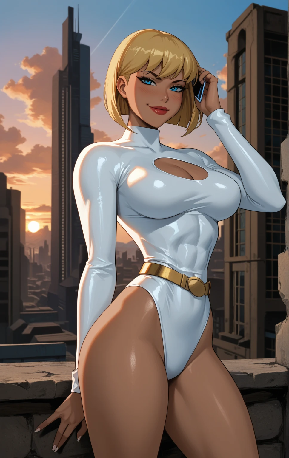 (Highly quality, masterpiece, detailed), city detailed scenario, city detailed background, 1girl, susan storm, blue eyes, blonde hair, blue bodysuit, sleeves, white elbow gloves, blue crop top, navel, perfect face, beautiful eyes, looking at the viewer, (( full nude tonned body))