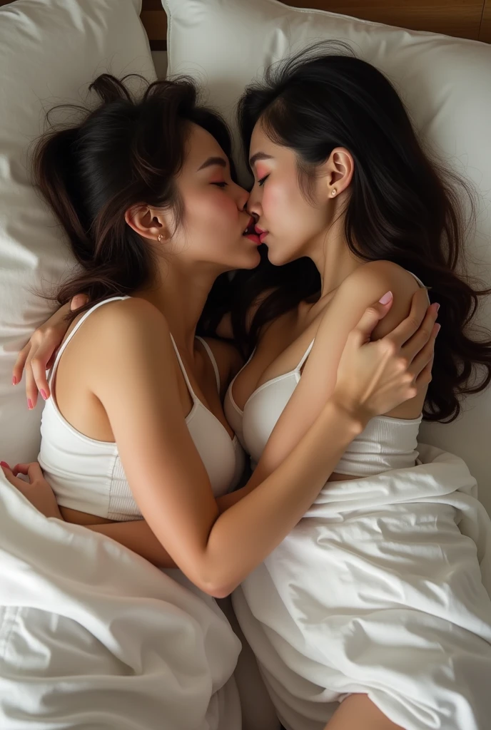 (high resolution, ultra-detailed, photorealistic), ((half body:1.4)) photo of sjang and her identical twin, lying down on bed, cuddling, ((kissing:1.4)), realistic faces, (bedroom:1.2), romantic, soft lighting, vibrant colors