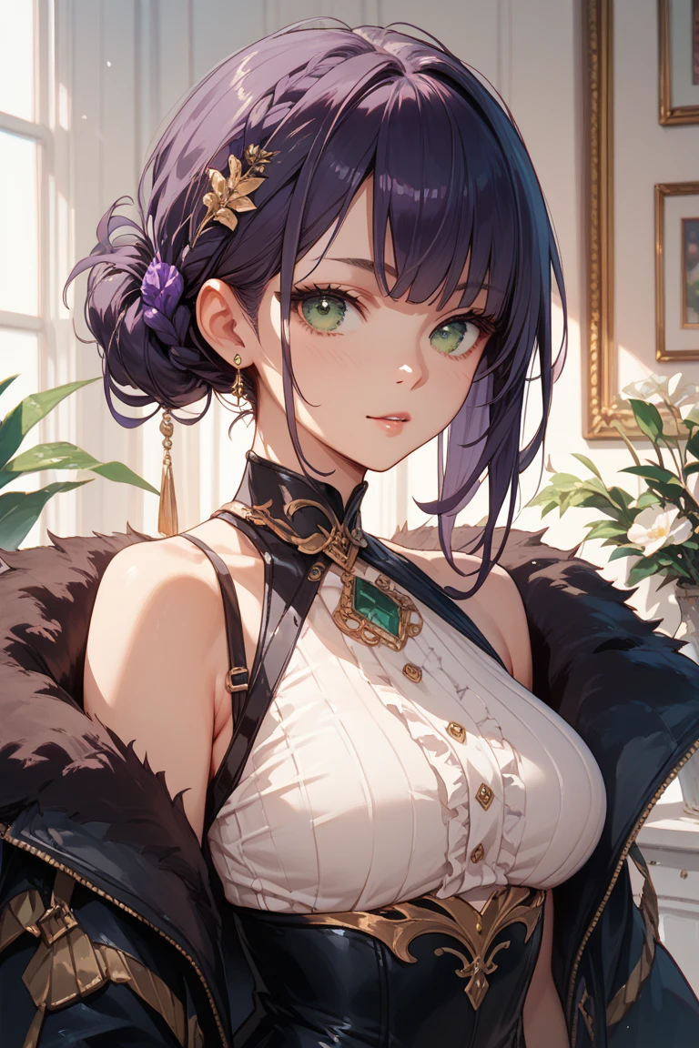 ((((masterpiece, best quality, high resolution)))), Extremely detailed 8K, Beautiful girl with voluptuous body, (Ultra HD, Ultra-detailed, Highly detailed, Highly realistic, Ultra-realistic, photograph realistic), (1girl:1.5), (Realistic black hair), (short wavy hair), (green eyes, sharp eyes), (massive perky breasts:1.2), (beautiful detailed face, beautiful detailed eyes)
